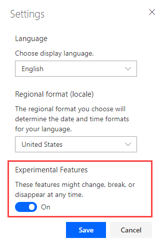 Power Automate Experimental Features settings