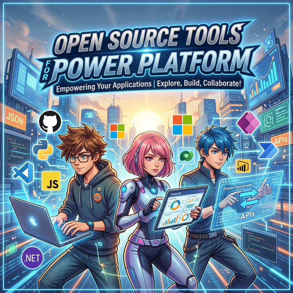 Three animated characters using laptops and tablets with icons of open source tools like Python, JavaScript, GitHub, and Power Platform logos around them