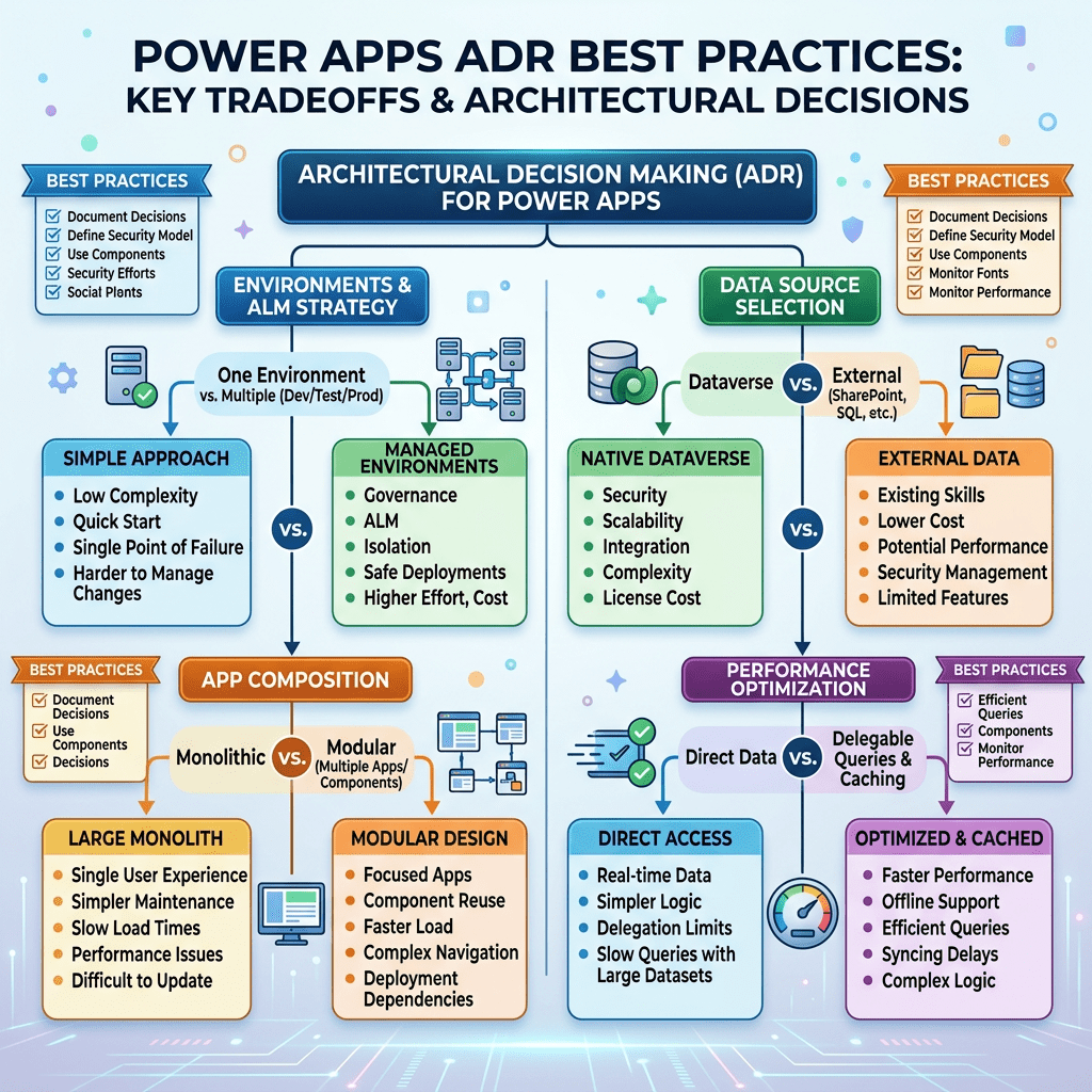 Diagram of architectural decision making for Power Apps showing environments strategy, data source selection, app composition, and performance optimization tradeoffs and best practices.